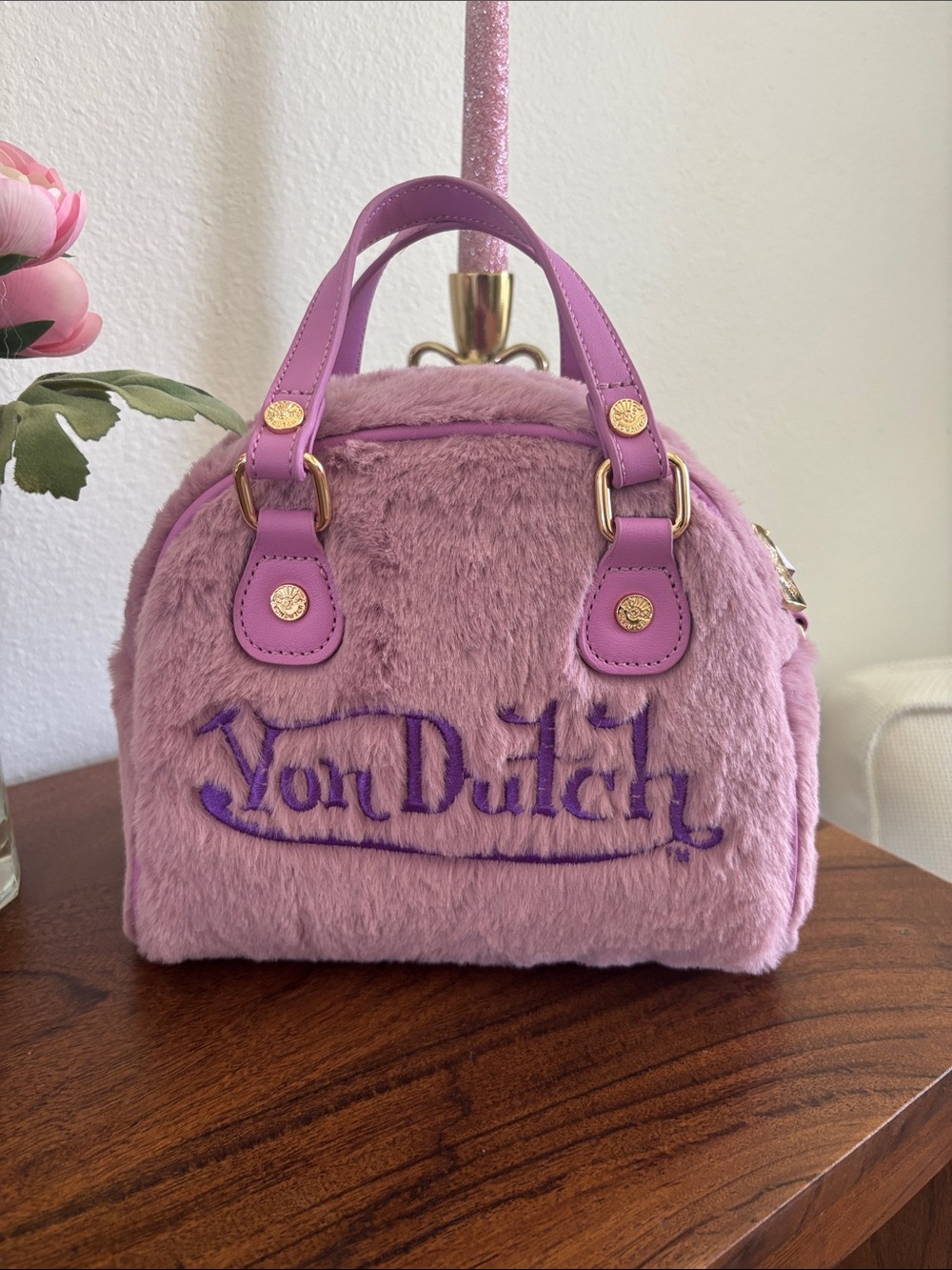 Von Dutch Lilac Faux Fur Mini Handbag with Gold Hardware